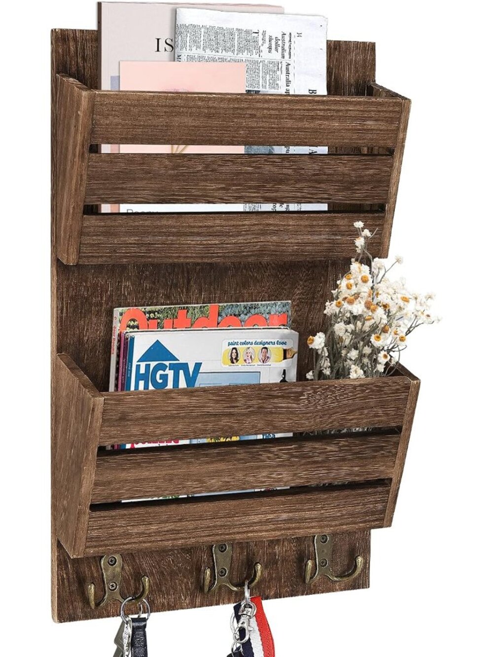 Mail Organizer with 4 Hooks, Rustic Brown Wall Mount, Cedar Wood Key Holder for